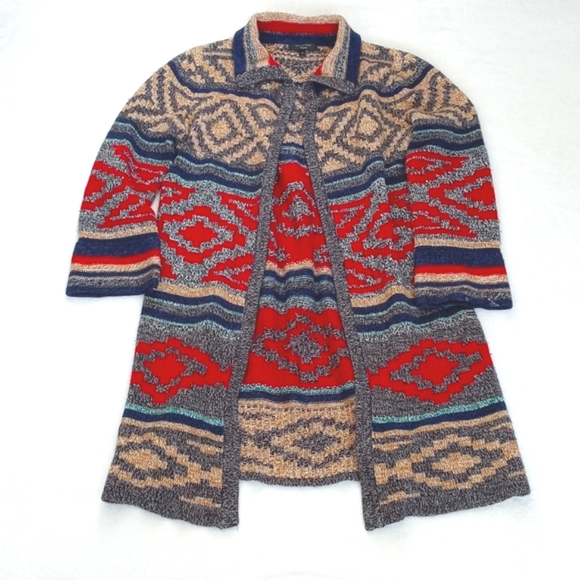 Spense Sweaters - Spense Southwest Artist Style Brown Red Blue 3/4 Sleeve Open Cardigan / Duster M